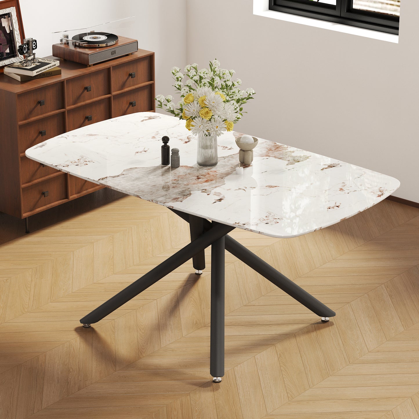 Fayno Glass Dining Table – 63'' White Marble-Patterned Top with Black Fork Legs