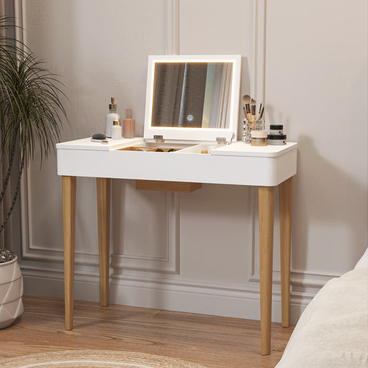 Velden Flip Mirror Stand – Solid Wood Leg Vanity Table with Hidden HD Mirror