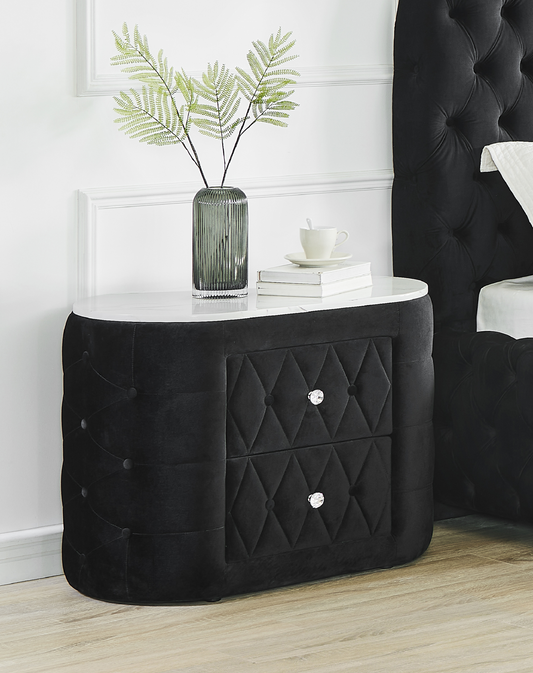 Velvoria Oval Stand – Black Button-Tufted Nightstand with Faux Marble Top & Crystal Accents