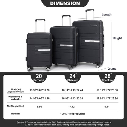 Jetera 3 - Piece Polypropylene Luggage Set – Black Hardshell with Double Spinner Wheels & TSA Lock - JUSTLIVE NESTJUSTLIVE NEST