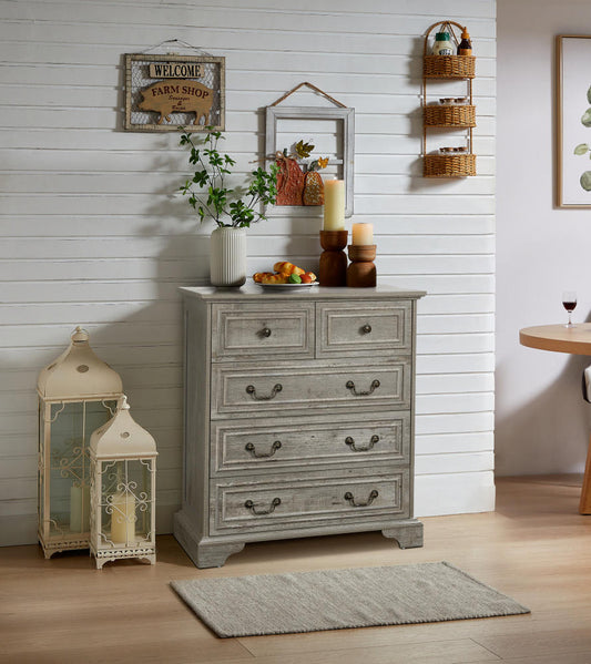 Torven FarmChest – 5-Drawer Dresser in Antique White with Vintage Woodgrain Texture