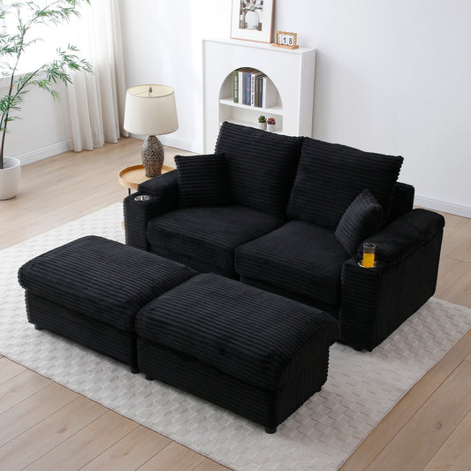 Monaco Noir Comfort – Modern Black Corduroy Loveseat with Ottomans & Plush Pillows
