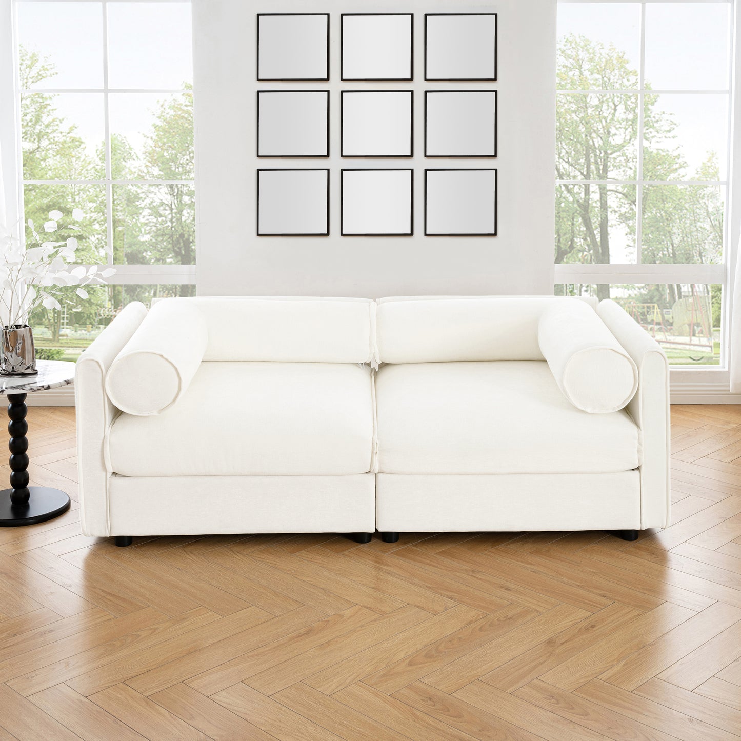 NestEdge ‘StoraNest” Loveseat – White Chenille | Cylindrical Back + Hidden Storage Seat