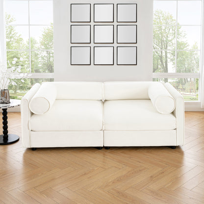 NestEdge ‘StoraNest” Loveseat – White Chenille | Cylindrical Back + Hidden Storage Seat