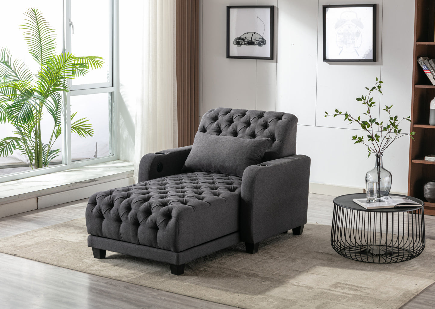 Barry Lounge Chair – Dark Grey Linen Tufted Chaise with Wireless Charging & Adjustable Back