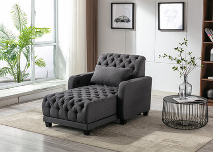 Barry Lounge Chair – Dark Grey Linen Tufted Chaise with Wireless Charging & Adjustable Back