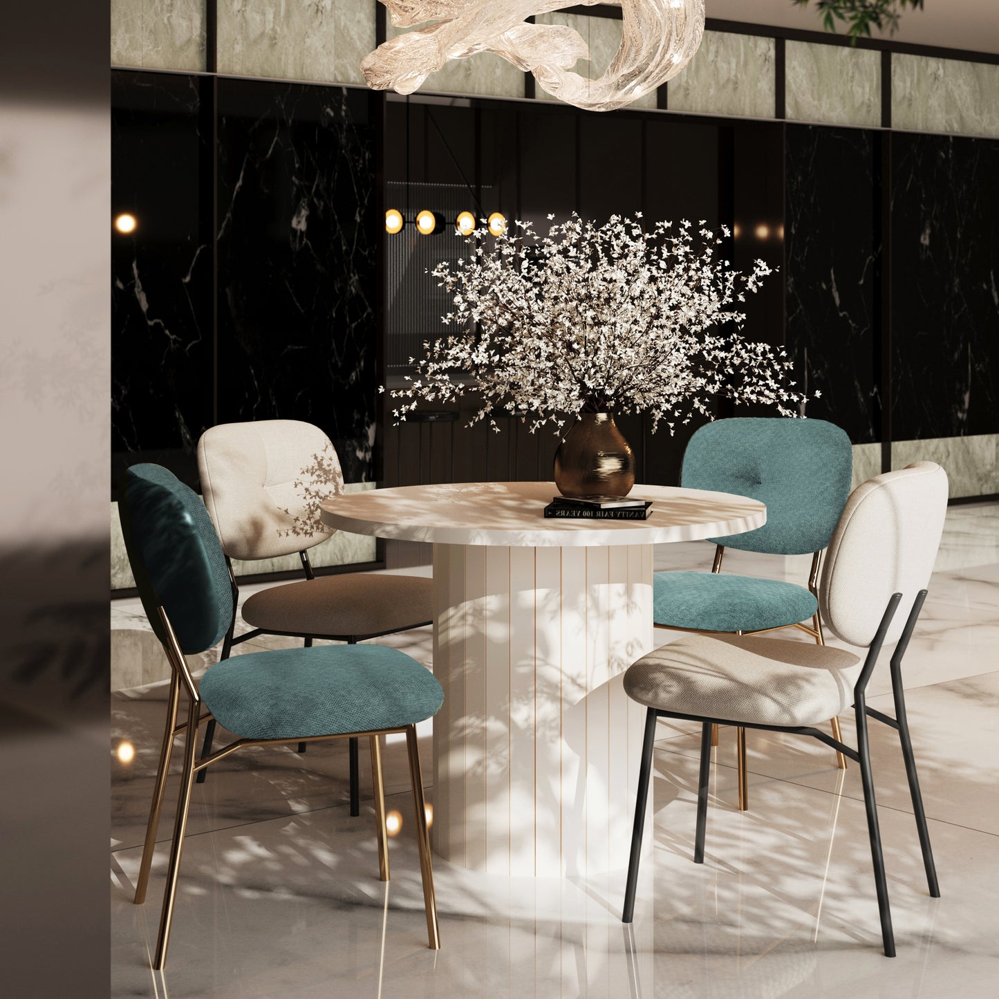 Tauri 4-Person Dining Set – Bamboo-MDF Table & Fabric Chairs, Space-Saving