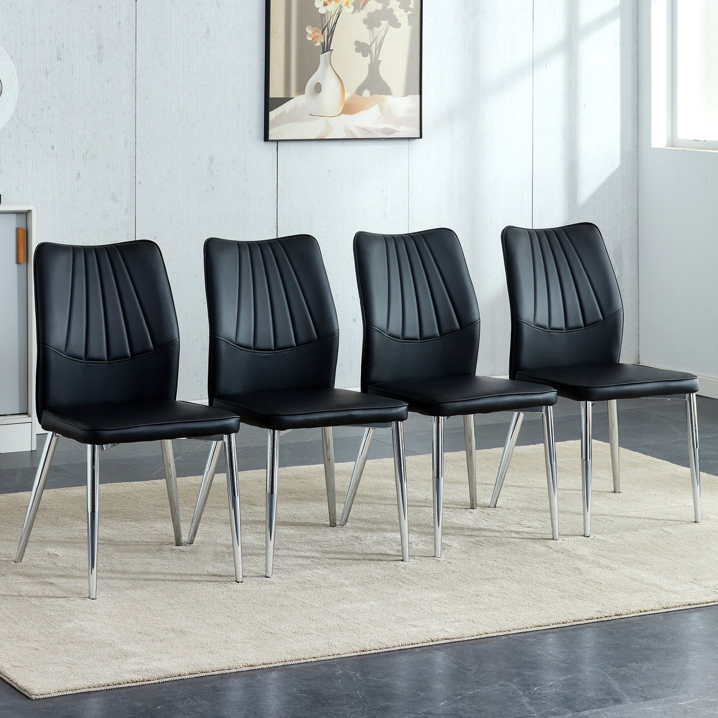 Zelto Dining Chair Set – 4 Black PU Mid-Century Style Chairs with Silver Legs