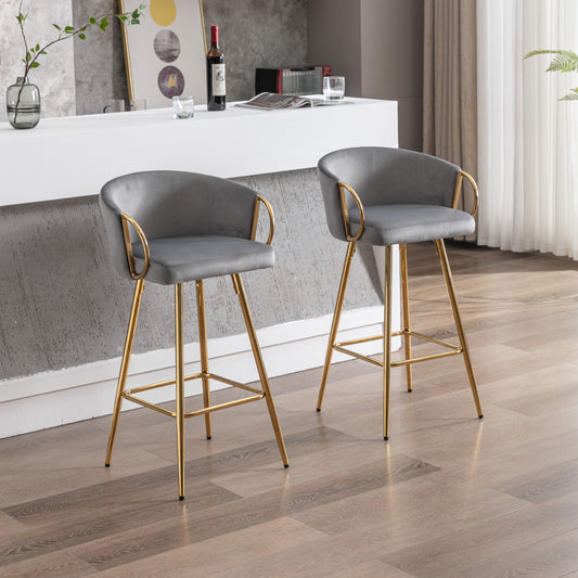 Velora Bar Stools (2pc) – Gray Velvet with Gold Legs & Chrome Base (26")