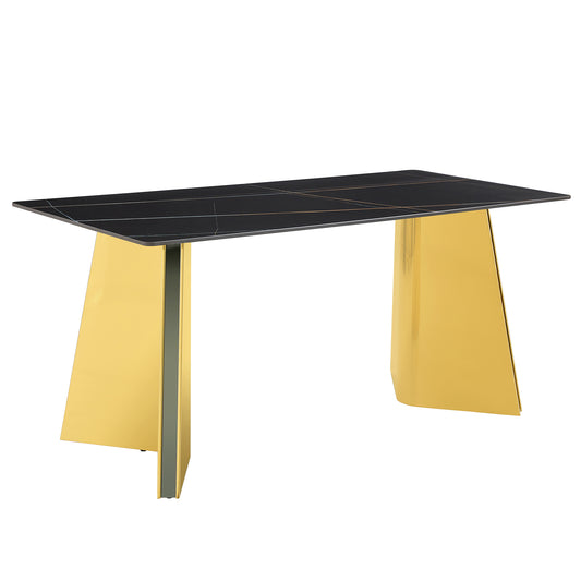 Fayno Luxe Dining Table – Black Slab Surface with Gold Butterfly Legs