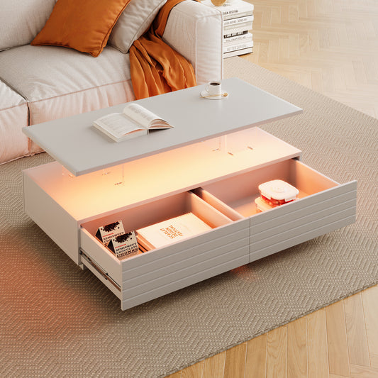 Nocta LED Table – 47.2" White Coffee Table with Dual Drawers and Built-In Lighting