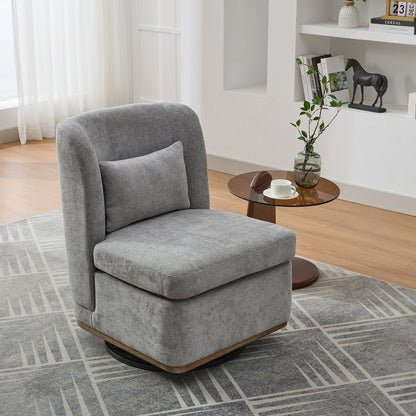 Veluna Chair – Soft Grey Chenille, 360° Swivel Metal Base, Pillow Included