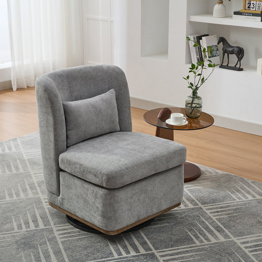 Veluna Chair – Soft Grey Chenille, 360° Swivel Metal Base, Pillow Included
