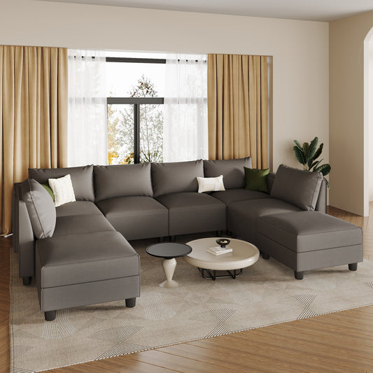 8-Seat Storage Lounge – Grey Fabric Ensemble with Easy-Care Covers