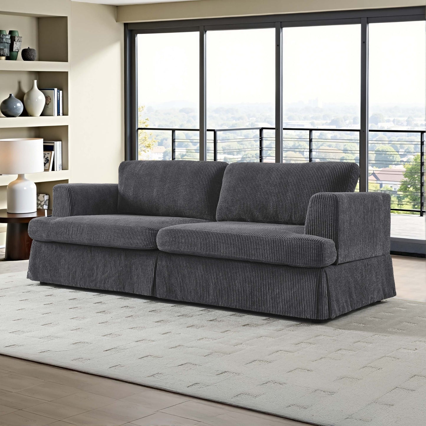 Skirted Luxe Sofa – Charcoal Grey Corduroy Lounge with Tailored Hem