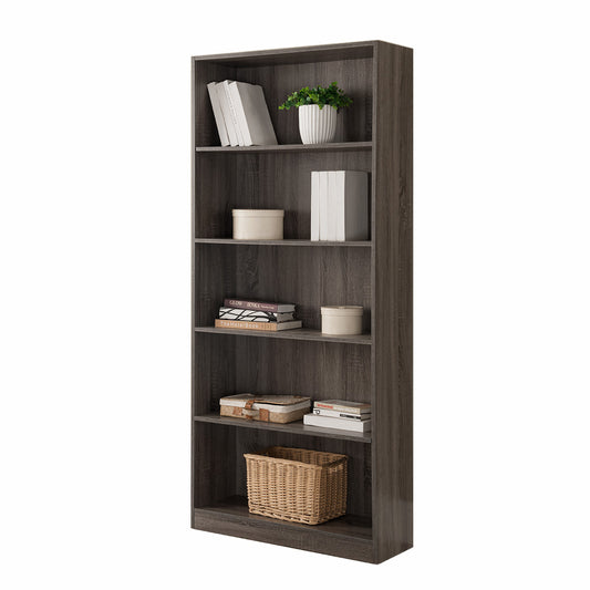 Greylan Bookcase – 5-Shelf Grey Wood Display Cabinet with Base Molding