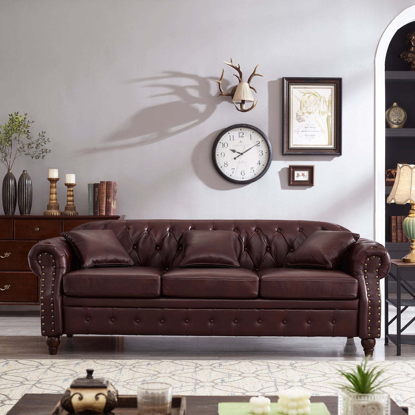 Regent Luxe Chesterfield Sofa – Classic Burgundy Faux Leather with Storage