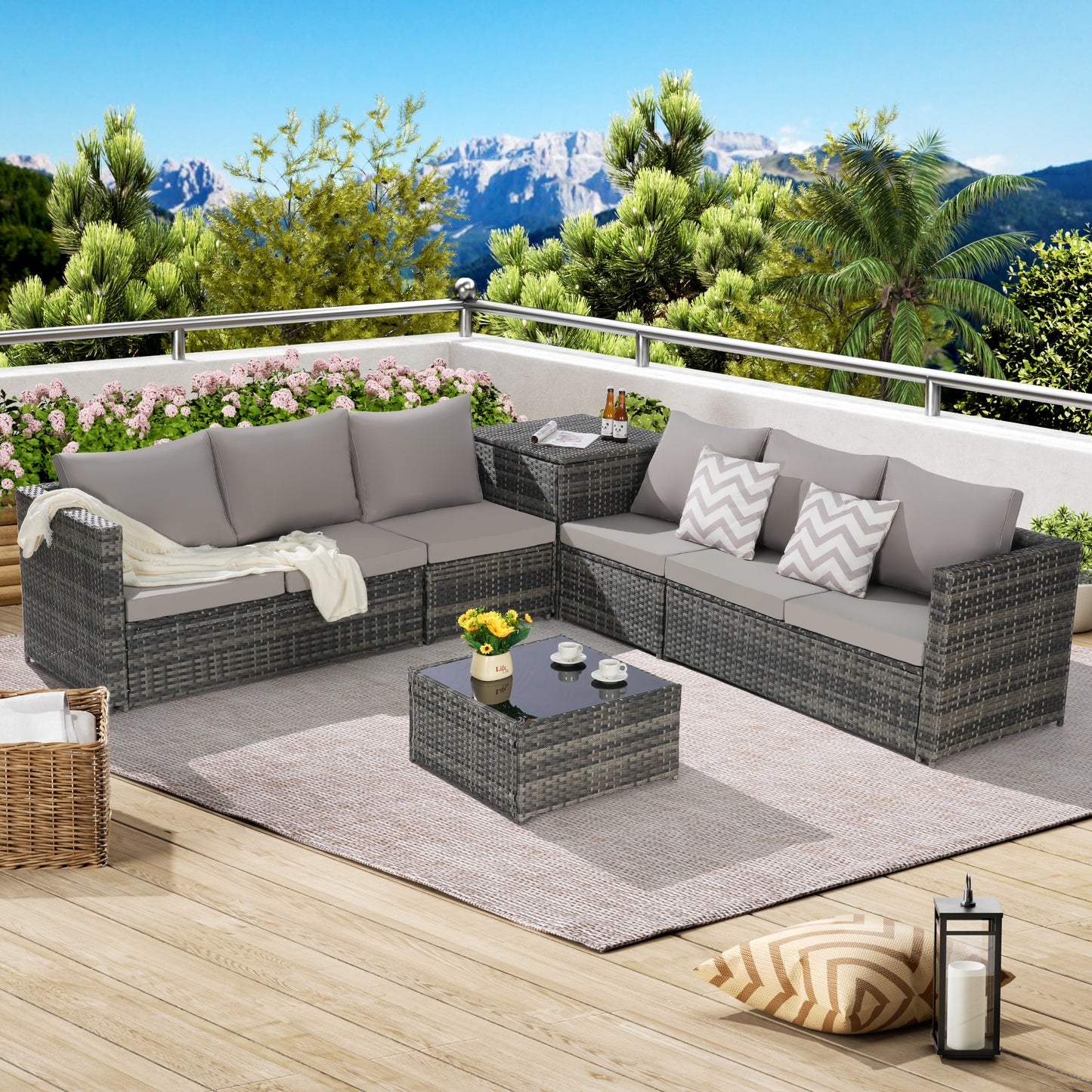 Solvara 6-Piece L-Shaped Patio Set – Woven Sectional with Corner Table & Glass-Top Table