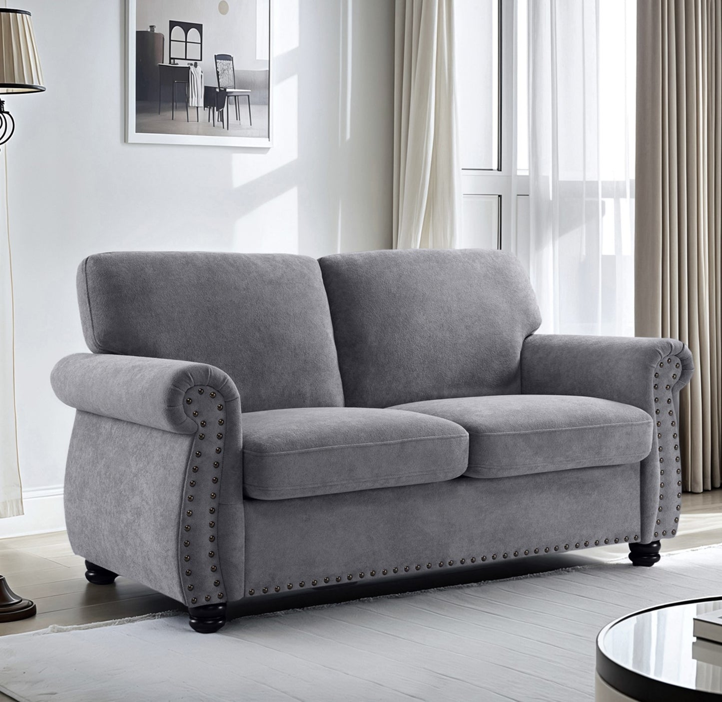 Monaco Grey Velvet Loveseat – Modern Classic Sofa with Plush Cushions & Wood Detailing