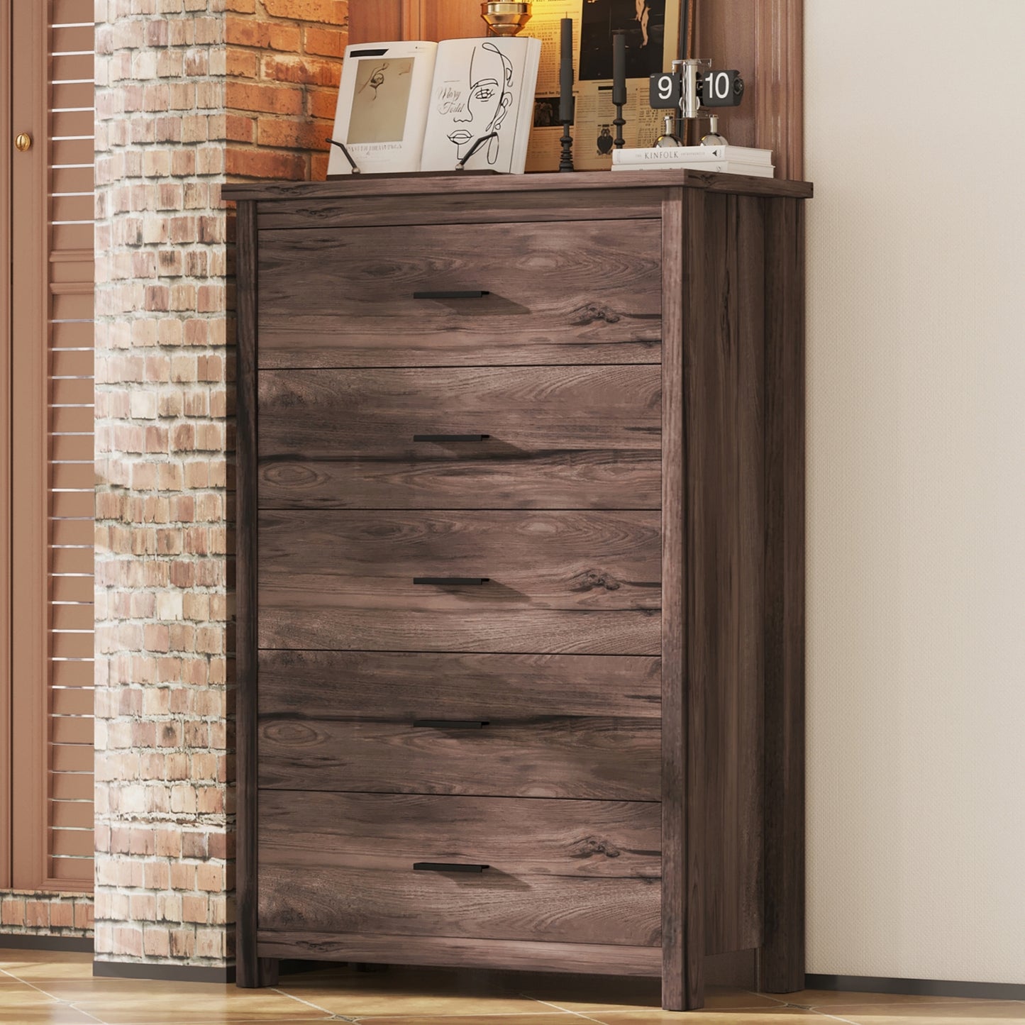 Marven 5-Drawer Dresser – Vintage Walnut Chest with Classic Pulls