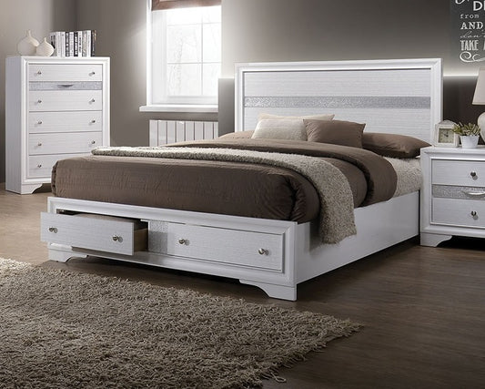 Stravelle Queen Bed – White Panel Headboard with Storage Drawers (Contemporary Frame)