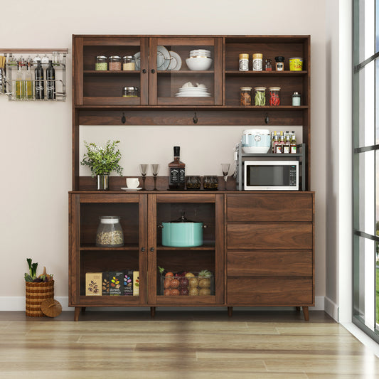 Norwin Hutch – 63'' Walnut Freestanding Kitchen Pantry with Drawers, Doors & Microwave Shelf