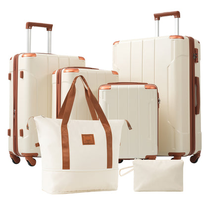 Jetera 6 - Piece Hardshell Luggage Set – White & Brown Expandable Suitcases with Spinner Wheels & TSA Lock - JUSTLIVE NESTJUSTLIVE NEST