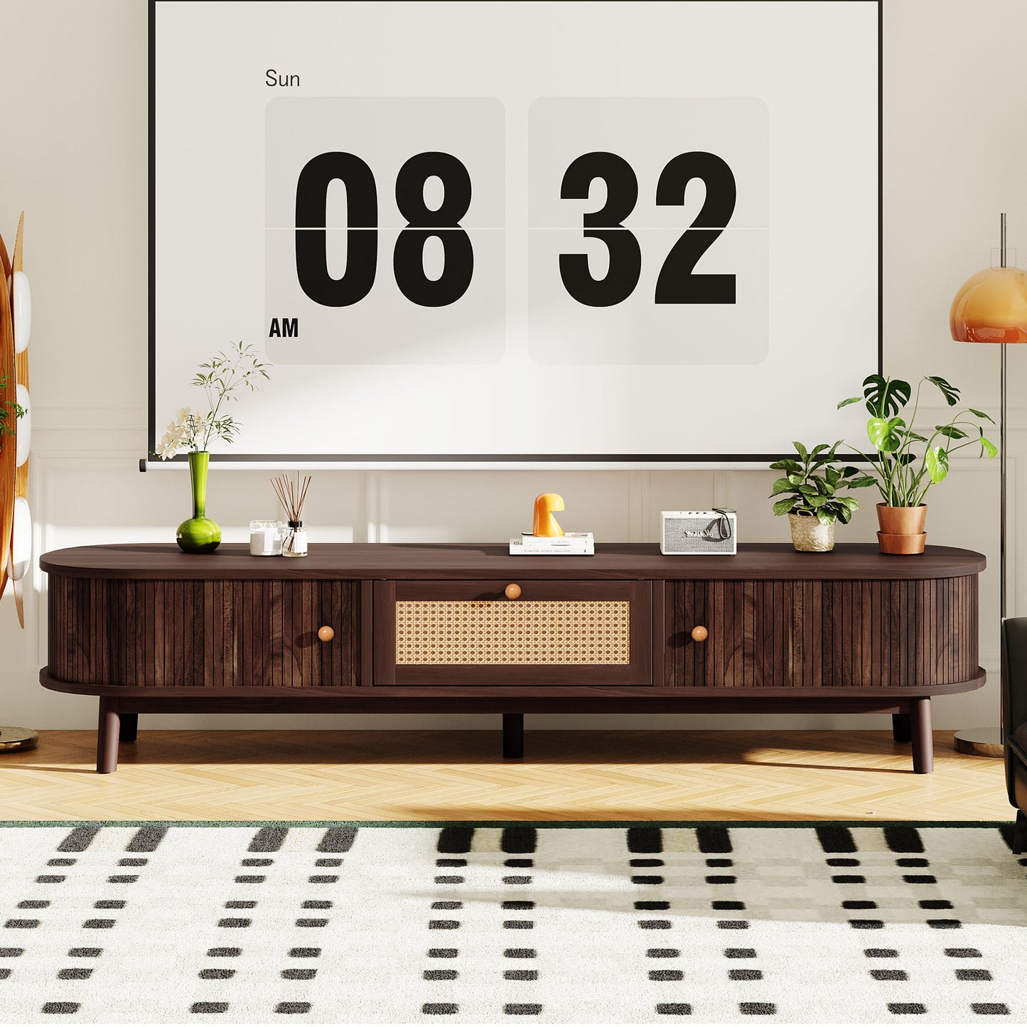 Ravica TV Stand – Rattan Drawer with Dual Sliding Cabinets (Up to 75")