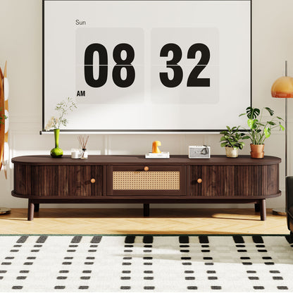 Ravica TV Stand – Rattan Drawer with Dual Sliding Cabinets (Up to 75")