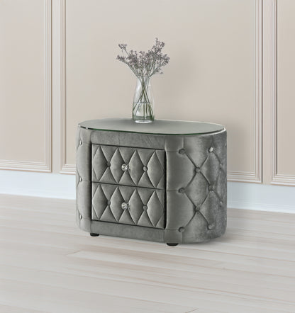 Velvoria Oval Stand – Gray Tufted Nightstand with Glass Top & Crystal Drawer Knobs