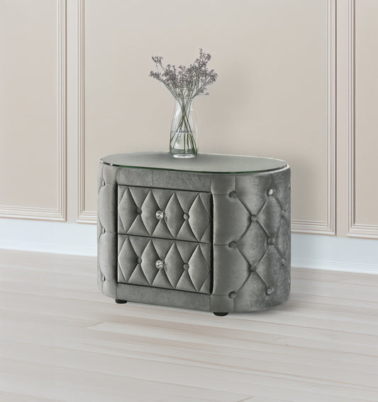 Velvoria Oval Stand – Gray Tufted Nightstand with Glass Top & Crystal Drawer Knobs