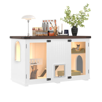 Nuvio 47" Smart Litter Cabinet – White Cat Enclosure with LED Light, Stair Entry, Scratch Panel & Side Table Design - JUSTLIVE NESTJUSTLIVE NEST
