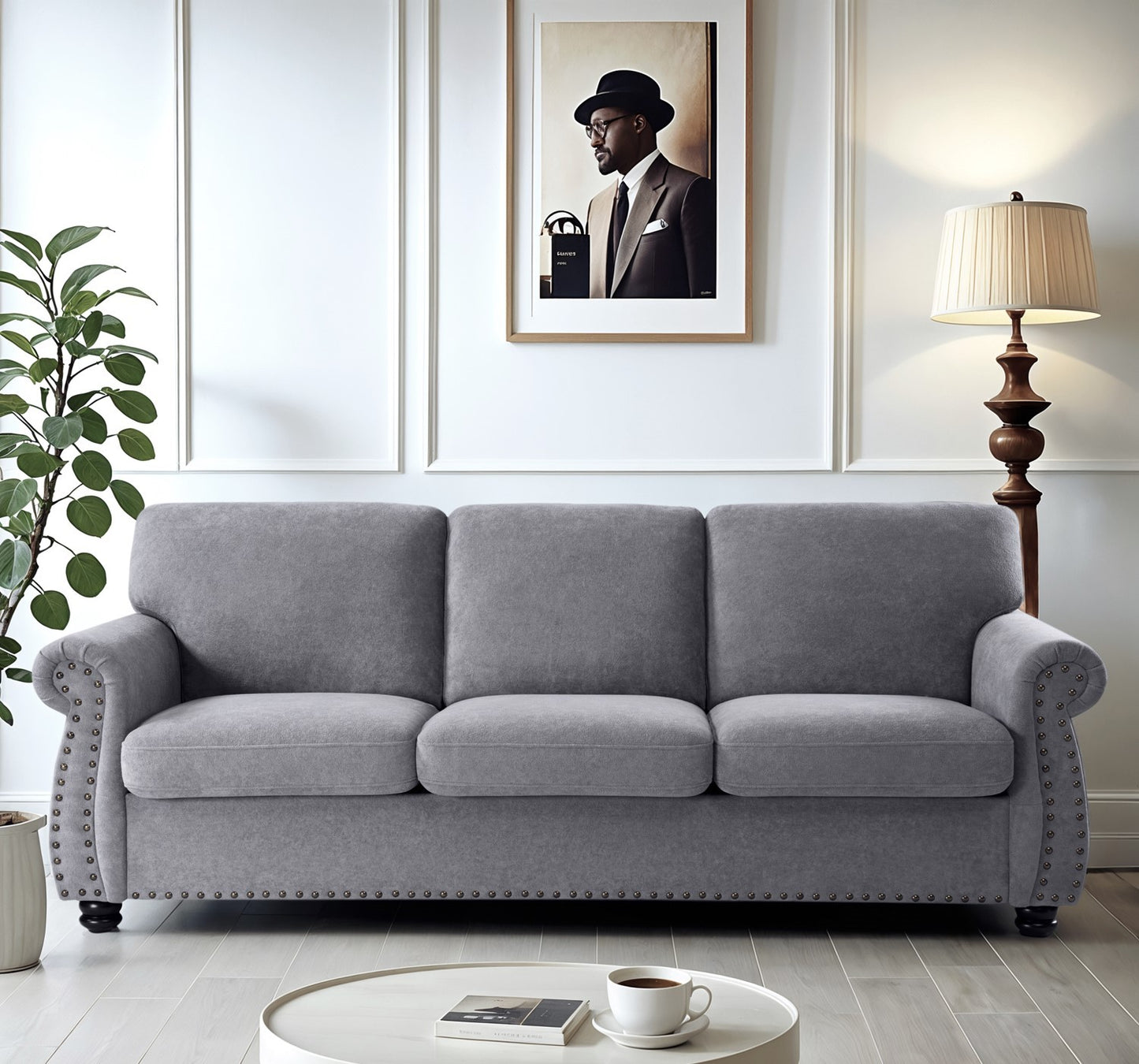 JUSTLIVE ‘Comfina Luxe” Sofa – Grey Velvet | Chic 3-Seat Couch + Plush Back + Solid Wood Legs
