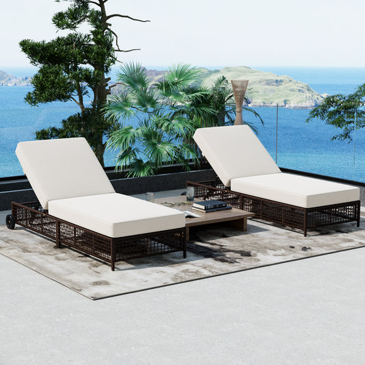 TREXM 2-Piece Chaise Lounge Set – Rattan Recliners with 5-Position Backrests, Cushions & Wheels (Brown + Beige)