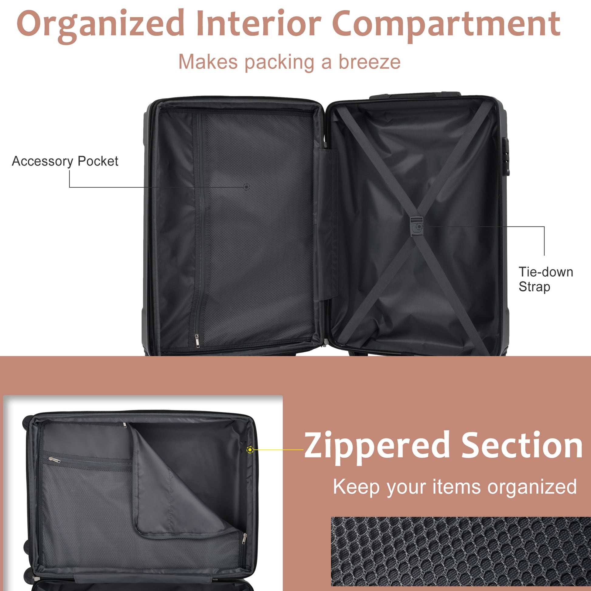 Jetera 2 - Piece ABS Luggage Set – Black & Brown Suitcases with Double Wheels, Expandable 28" and Carry - On 20" - JUSTLIVE NESTJUSTLIVE NEST