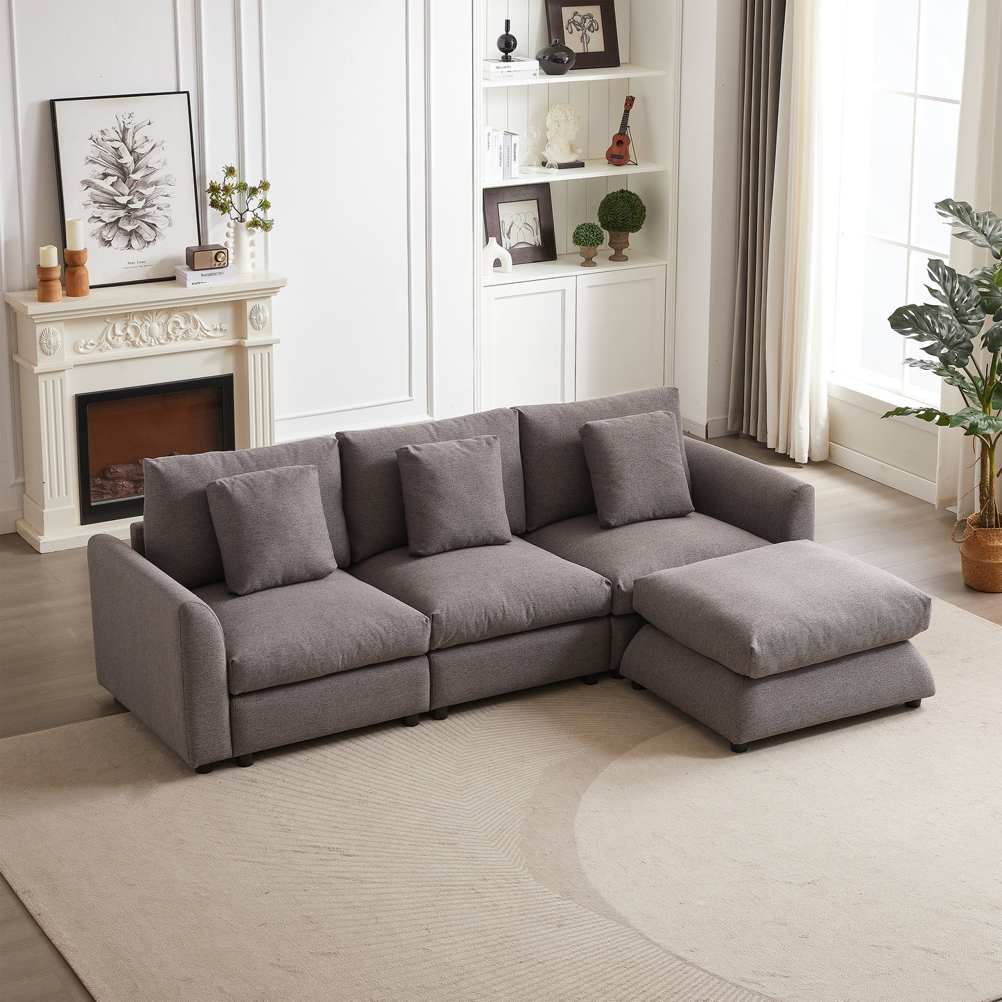 102' Modular Lounge – Plush Comfort Sofa Set with Relax Ottoman & Accent Pillows (Grey)