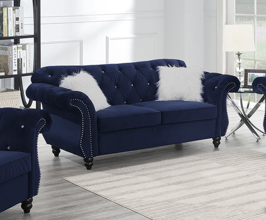 Sereno Indigo Velvet Sofa – Refined 2-Seater with Plush Accent Pillows