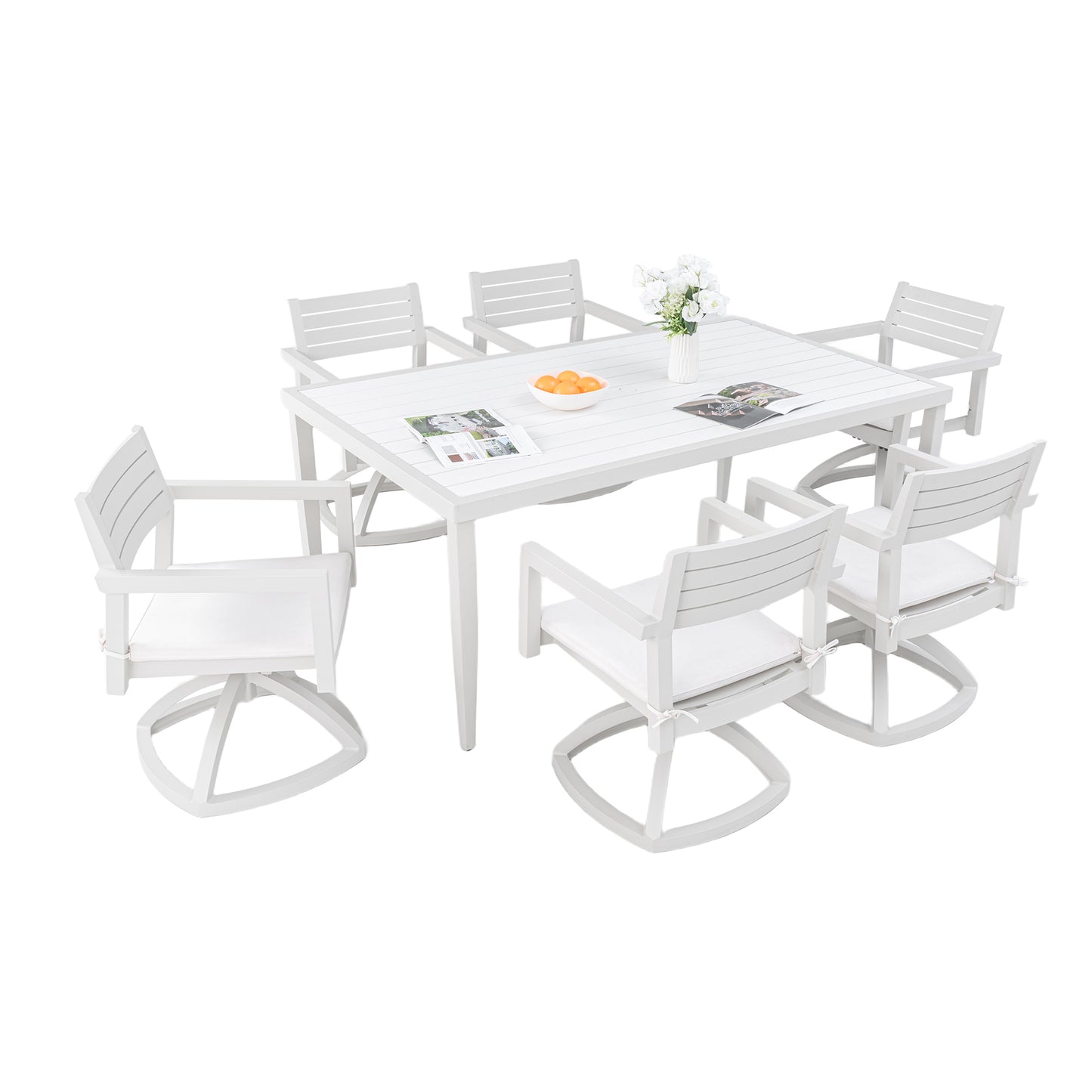 Alera 7-Piece Aluminum Dining Set – Matte White & Gray Swivel Rockers with Two-Tone Table & Sunbrella Cushions