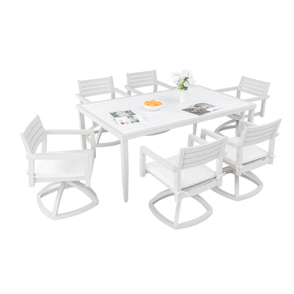 Alera 7-Piece Aluminum Dining Set – Matte White & Gray Swivel Rockers with Two-Tone Table & Sunbrella Cushions