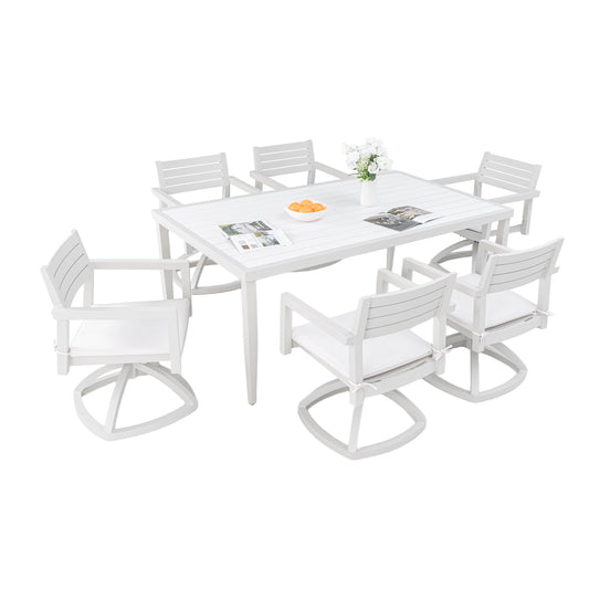 Alera 7-Piece Aluminum Dining Set – Matte White & Gray Swivel Rockers with Two-Tone Table & Sunbrella Cushions