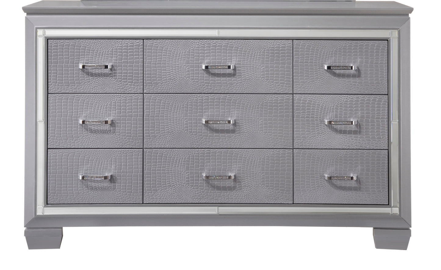 Ansel Glimmer Console – 9-Drawer Dresser with Mirrored Fronts, Chrome Hardware & Crystal Pulls