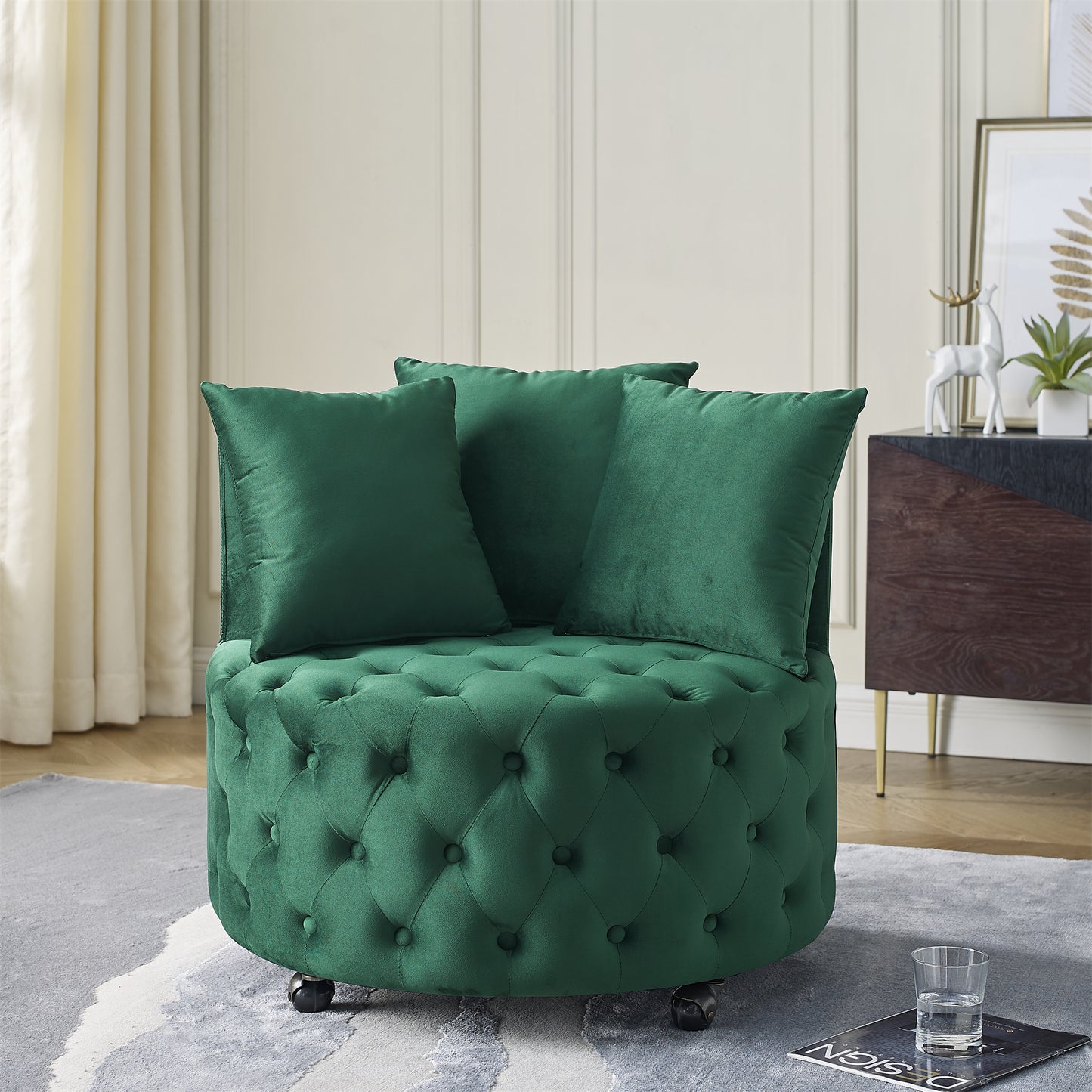 Orvia Swivel Chair – Green Velvet Tufted Lounge Seat with 3 Pillows and Wheels