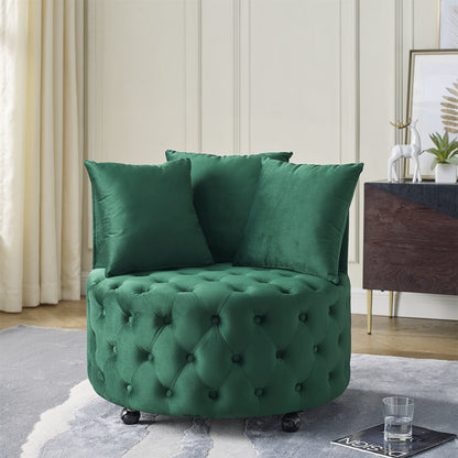 Orvia Swivel Chair – Green Velvet Tufted Lounge Seat with 3 Pillows and Wheels
