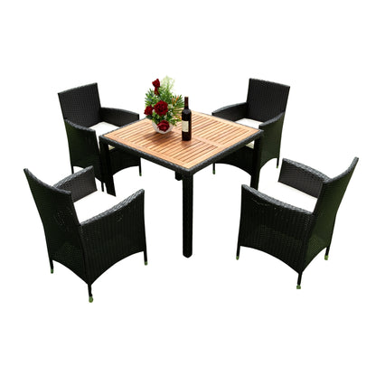 Solvia Dining Set – 5-Piece Black Wicker Set with Acacia Top and Creme Cushions