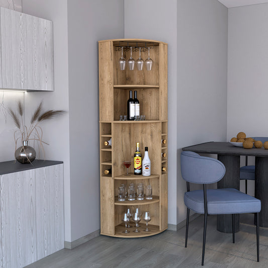 Macadia Corner Bar – 71'' Tall Bar Cabinet with 8 Bottle Cubbies and Stemware Rack
