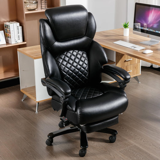 Fortis XL Chair – Black 500lb Leather Executive Office Chair with Footrest & Lumbar Support