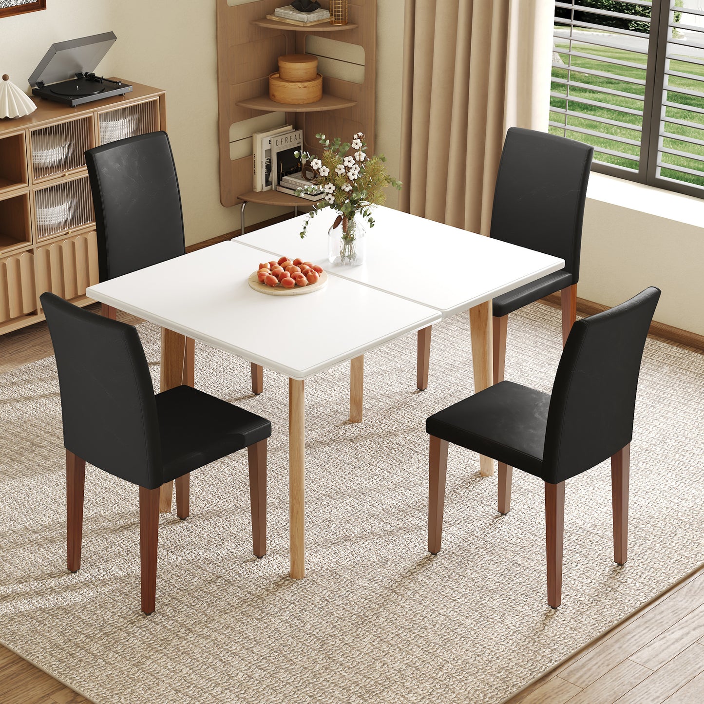 Luma Foldable Dining Set – White Sintered Stone Table & Black PU Chairs