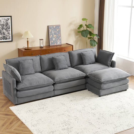 113' Luxe Modular Lounge – Plush Corduroy L-Shape Sofa with Hidden Side Storage (Dark Grey)