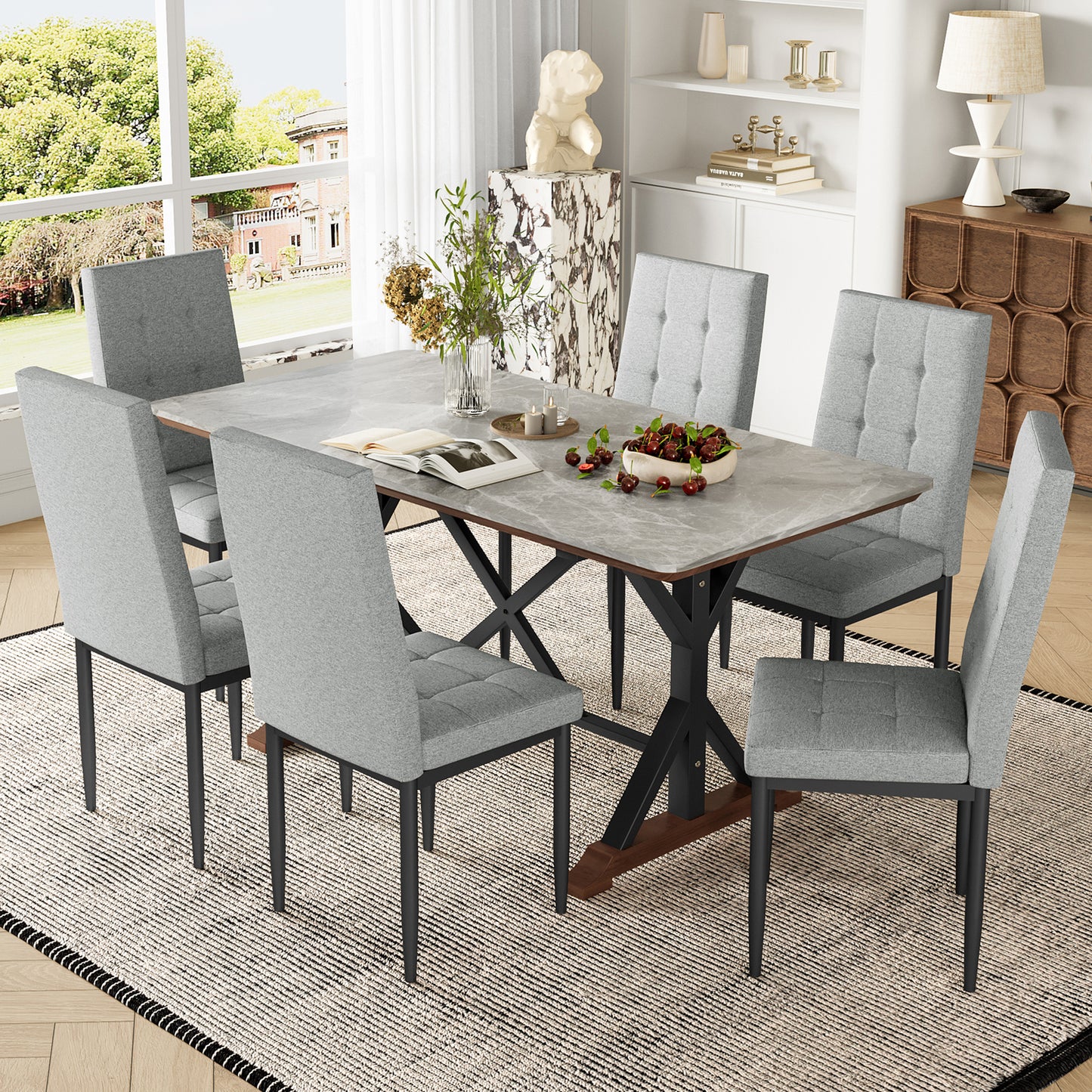 Ardena 7-Piece Dining Set – Gray Sintered Stone Table & 6 Cushioned Chairs