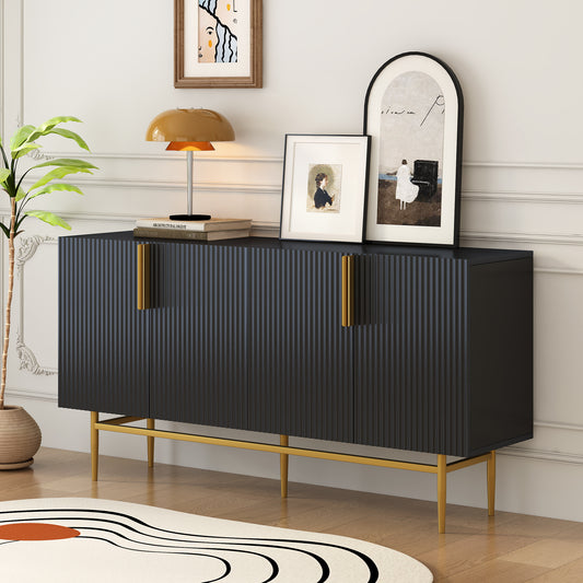 Quavella Sideboard – Black 4-Door Cabinet with Gold Handles